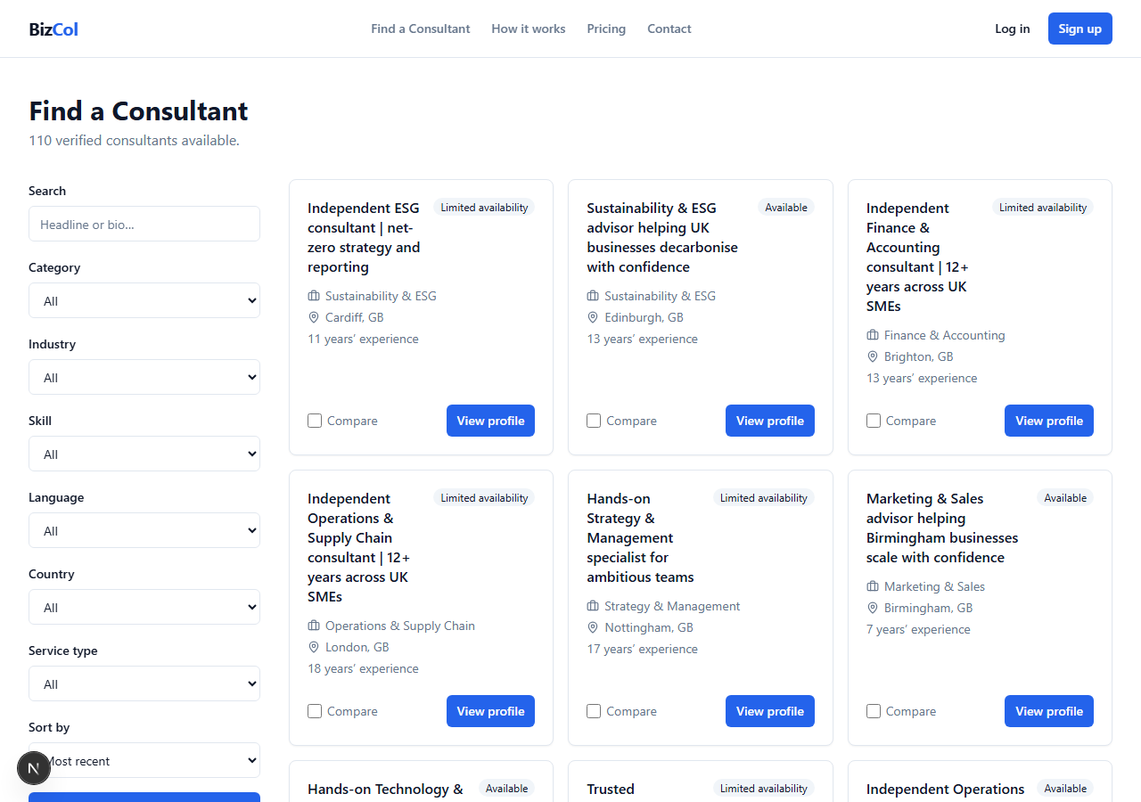 BizCol consultant marketplace search, showing real verified consultant listings with category, location, and experience